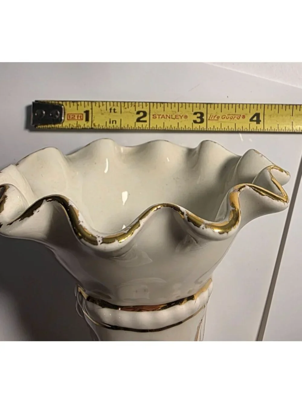 Vtg Vase Ceramic Hand Fluted Signed 1958 ruffle cream gold tone fingers torch